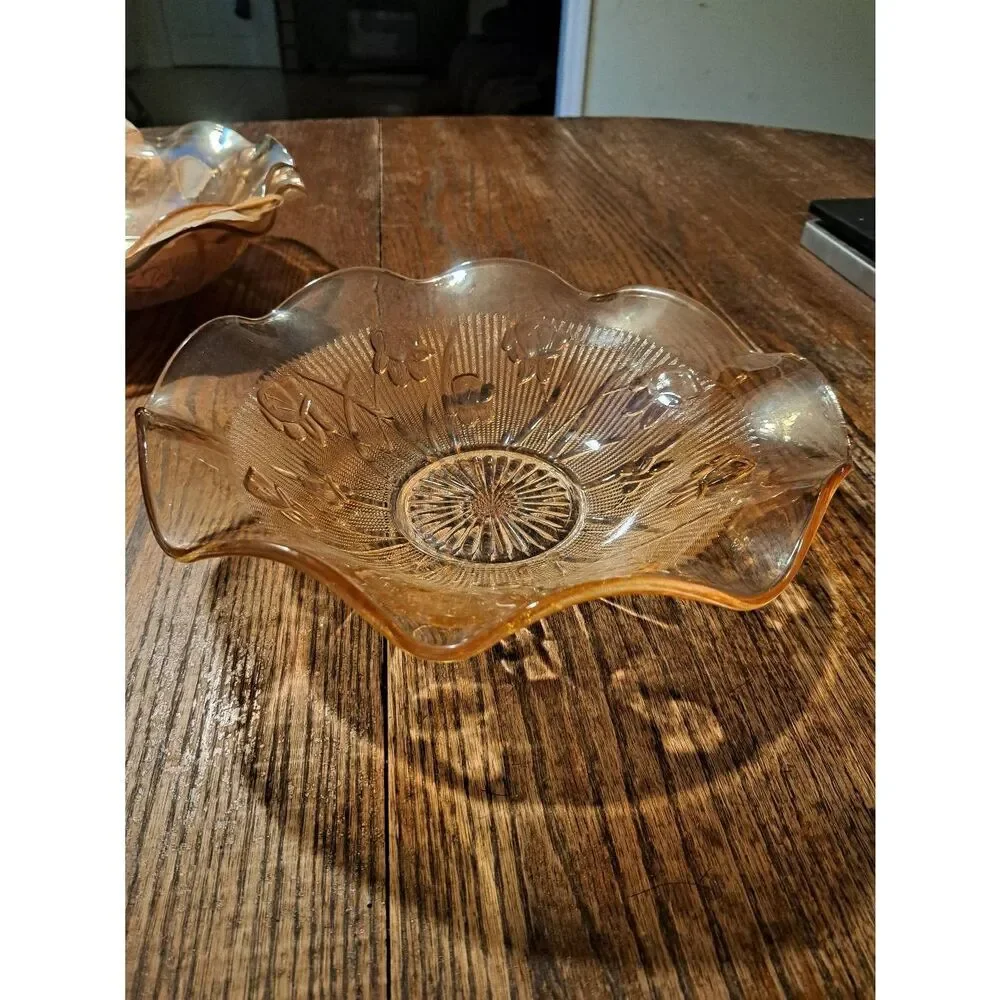 Vintage Jeanette Iris Herringbone Marigold Carnival Glass Ruffled Serving Bowl